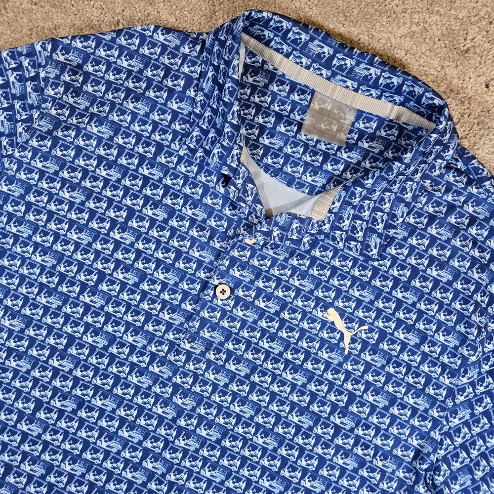 Puma MATTR Men's Golf Polo Large Blue All Over Golf Cart Print